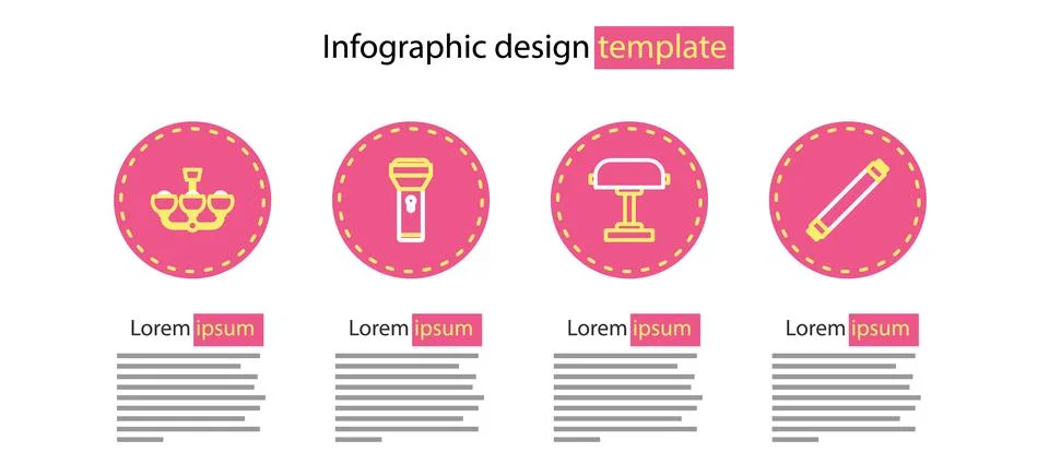 Set line Table lamp, Fluorescent, Flashlight and Chandelier icon. Vector Stock Illustration