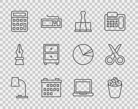 Set line Table lamp, Full trash can, Binder clip, Calendar, Calculator, Dra.. イラスト素材