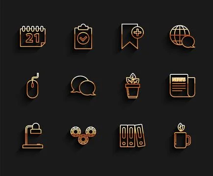 Set line Table lamp, Gear, Calendar, Office folders with papers and documents Stock Illustration