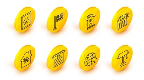 Set line Table lamp, Globe with house symbol, Garage, House percant discoun.. Illustrazione stock