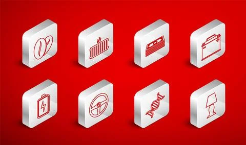 Set line Table lamp, Heating radiator, Stacks paper money cash, Car battery.. Stock Illustration