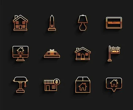 Set line Table lamp, House with dollar symbol, Home, Cardboard box house, M.. Stock Illustration