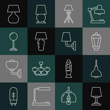 Set line Table lamp, Lamp hanging, Garden light, Floor, and Wall sconce icon Stock Illustration