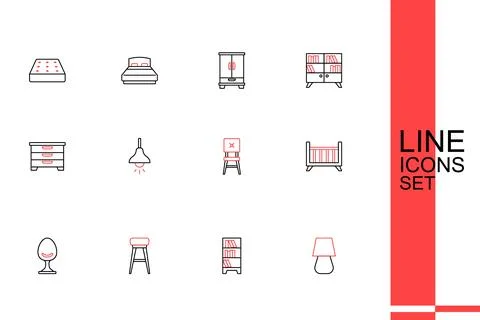 Set line Table lamp, Lamp hanging, Chair, Armchair, Baby crib cradle bed,  .. Stock Illustration