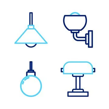 Set line Table lamp, Lamp hanging, Wall or sconce and  icon. Vector Stock Illustration