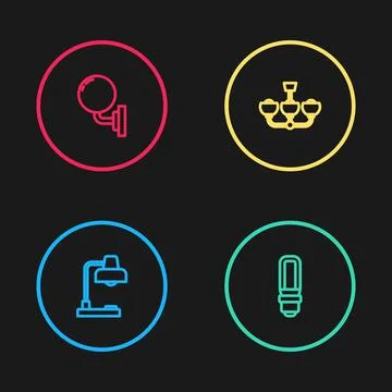 Set line Table lamp, LED light bulb, Chandelier and Wall or sconce icon. Vector Stock Illustration
