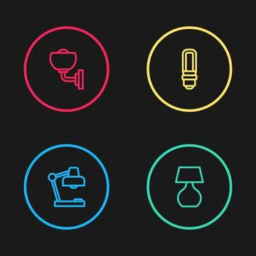 Set line Table lamp, , LED light bulb and Wall or sconce icon. Vector Stock Illustration