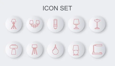 Set line Table lamp, LED light bulb, Floor, Wall sconce, and Lamp hanging icon Stock Illustration
