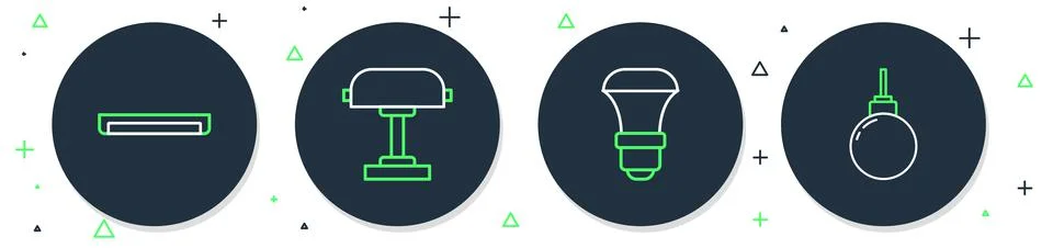 Set line Table lamp, LED light bulb, Fluorescent and Lamp hanging icon. Vector Stock Illustration