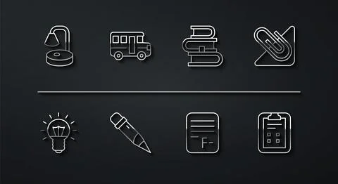 Set line Table lamp, Light bulb, Paper clip, Exam paper with incorrect answers 스톡 일러스트