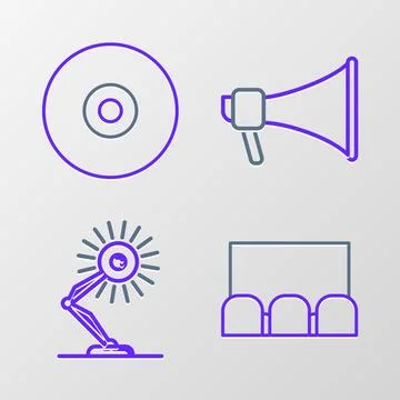 Set line , Table lamp, Megaphone and CD or DVD disk icon. Vector Stock Illustration