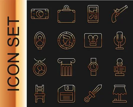 Set line Table lamp, Microphone, Portable video game console, Ancient coin Stock Illustration