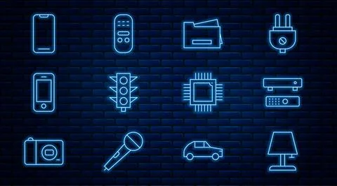 Set line Table lamp, Multimedia and TV box, Printer, Traffic light, Smartphone Stock Illustration