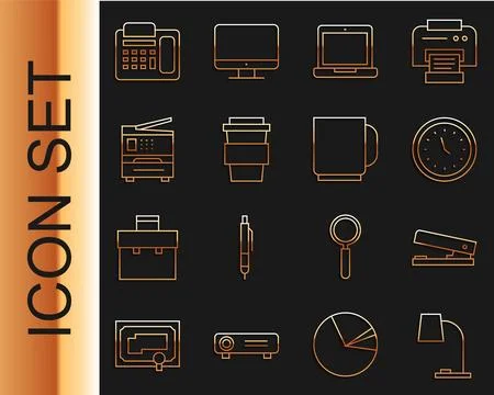 Set line Table lamp, Office stapler, Clock, Laptop, Coffee cup go, Printer Stock Illustration