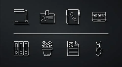 Set line Table lamp, Office folders, Laptop with text work, Resume, Plant in pot イラスト素材