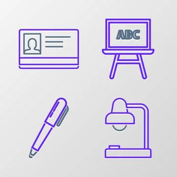 Set line Table lamp, Pen, Chalkboard and Identification badge icon. Vector Stock Illustration