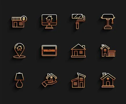 Set line Table lamp, Realtor, House with dollar symbol, Doormat the text We.. Stock Illustration