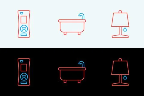 Set line Table lamp, Remote control and Bathtub icon. Vector Stock Illustration
