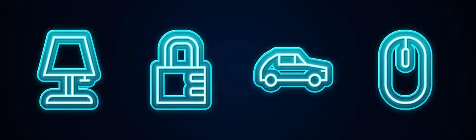 Set line Table lamp, Safe combination lock, Car and Computer mouse. Glowing neon Illustrazione stock