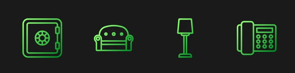 Set line Table lamp, Safe, Sofa and Telephone handset. Gradient color icons Ilustração Stock