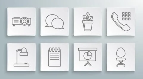 Set line Table lamp, schedule, chart, diagram, infographic, pie graph, Office イラスト素材