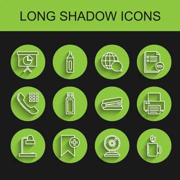 Set line Table lamp, schedule, chart, diagram, infographic, pie graph, Web Stock Illustration