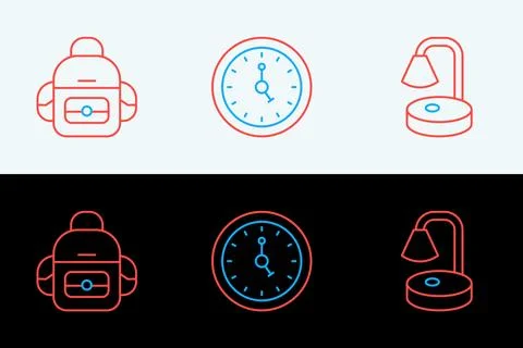 Set line Table lamp, School backpack and Clock icon. Vector Stock Illustration