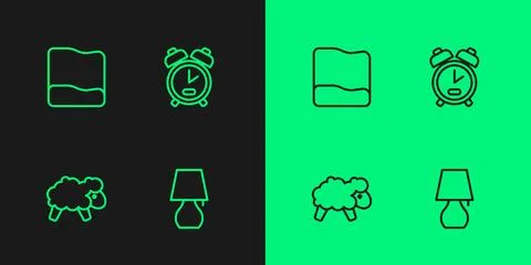 Set line Table lamp, Sheep, Pillow and Alarm clock icon. Vector Stock Illustration