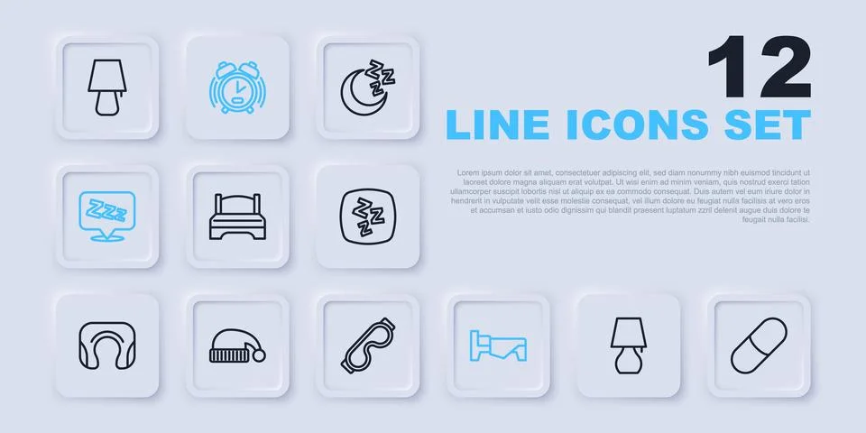 Set line Table lamp, Sleeping pill, Big bed, Bed, Sleepy, hat, Alarm clock .. Ilustración de archivo
