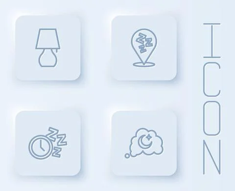 Set line Table lamp, Sleepy, Alarm clock and Dreams. White square button. Vector Stock Illustration