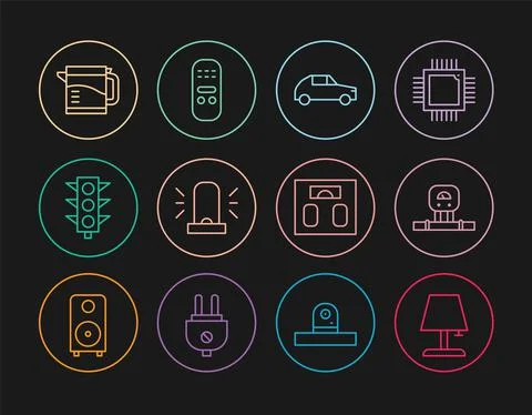 Set line Table lamp, Smart sensor, Car, Flasher siren, Traffic light, Electric Illustration