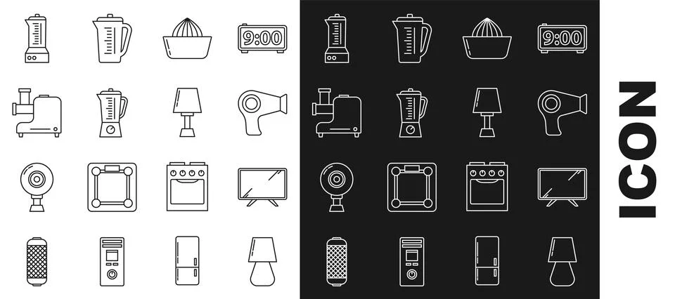 Set line Table lamp, Smart Tv, Hair dryer, Citrus fruit juicer, Blender, Kitchen Stock Illustration