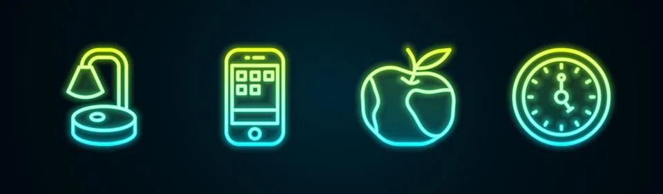Set line Table lamp, Smartphone, Apple and Clock. Glowing neon icon. Vector Illustrazione stock