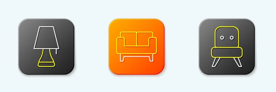 Set line Table lamp, Sofa and Armchair icon. Vector Stock Illustration