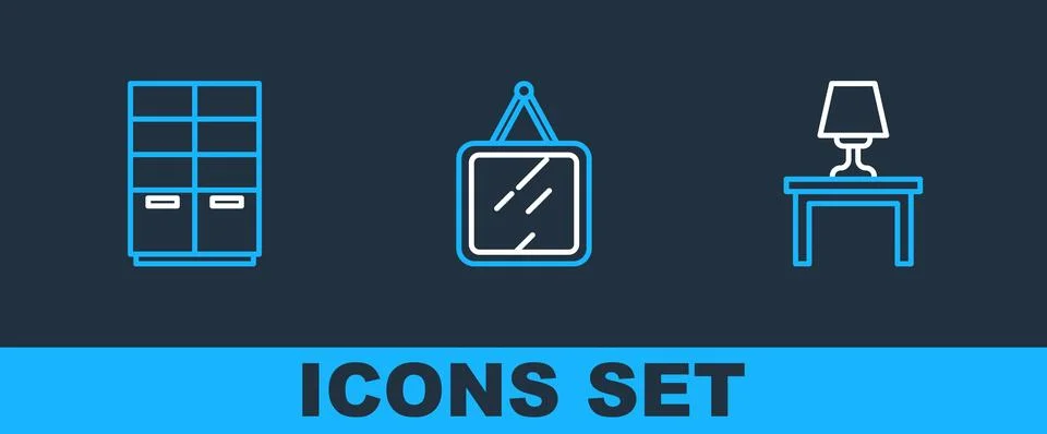 Set line Table lamp on table, Wardrobe and Mirror icon. Vector Illustrazione stock