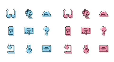 Set line Table lamp, Test tube and flask chemical laboratory, Glasses 스톡 일러스트