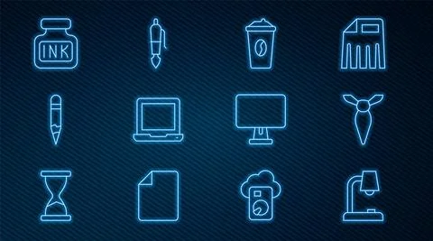 Set line Table lamp, Tie, Coffee cup to go, Laptop, Pencil, Inkwell, Computer イラスト素材