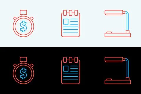 Set line Table lamp, Time is money and Spiral notebook icon. Vector 스톡 일러스트