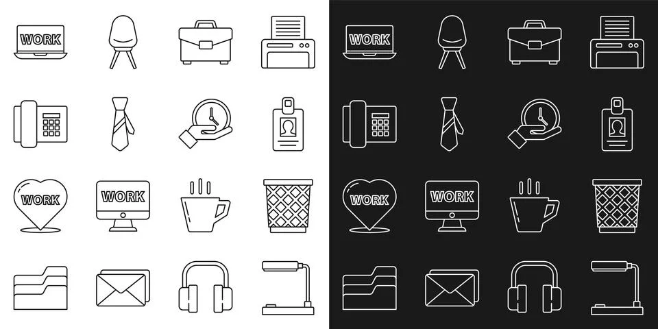 Set line Table lamp, Trash can, Identification badge, Briefcase, Tie, Telephone Stock-Illustration