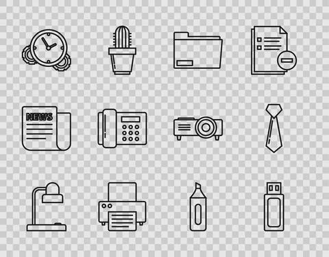 Set line Table lamp, USB flash drive, Document folder, Printer, Time Management Stock Illustration
