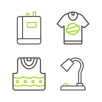 Set line Table lamp, Waistcoat, T-shirt and Book icon. Vector 库存插图