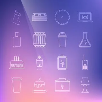 Set line Table lamp, Walkie talkie, Test tube and flask, Circular saw blade Stock Illustration