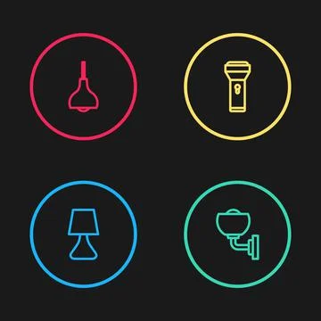 Set line Table lamp, Wall or sconce, Flashlight and Lamp hanging icon. Vector Stock Illustration