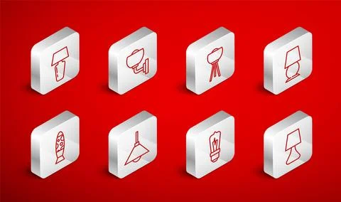 Set line Table lamp, Wall or sconce, Floor, Light bulb, Lamp hanging and icon Illustrazione stock