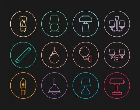 Set line Table lamp, Wall or sconce, Lamp hanging, Fluorescent, Light bulb, and Stock Illustration