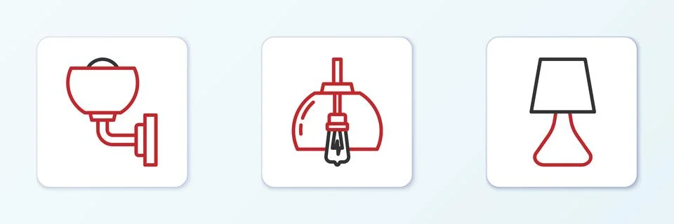 Set line Table lamp, Wall or sconce and Chandelier icon. Vector Illustrazione stock