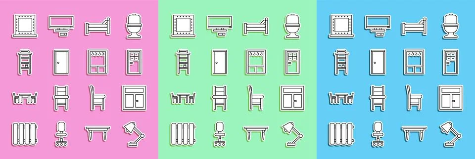 Set line Table lamp, Window in the room, Closed door, Bed, Bathroom rack with Stock Illustration
