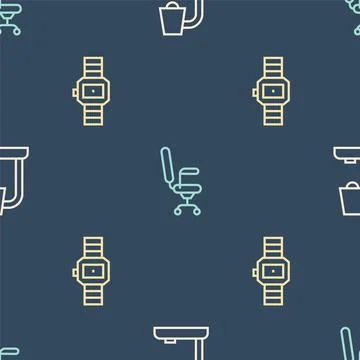 Set line Table lamp, Wrist watch and Office chair on seamless pattern. Vector Illustrazione stock