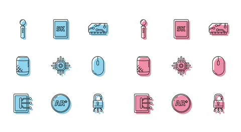 Set line Tablet, Ar, augmented reality, Gamepad, Lock on digital circuit board Ilustración de archivo