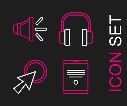 Set line Tablet, Arrow cursor, Headphones and Speaker volume icon. Vector Stock Illustration